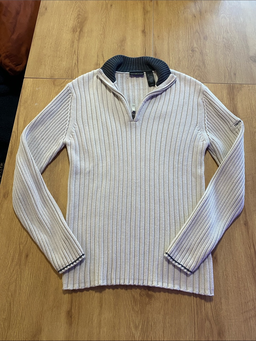 DKNY Men's Cream Ribbed Quarter-Zip Sweater with Charcoal Trim